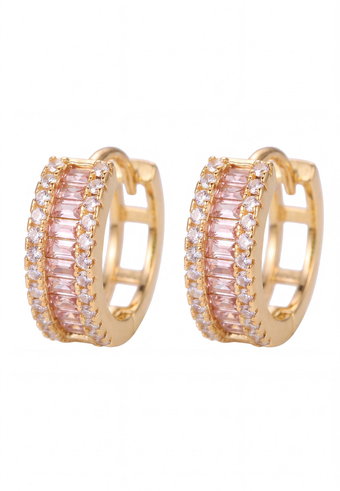 Gold huggie hoop earrings with pink morganite baguette stones and white diamond accents