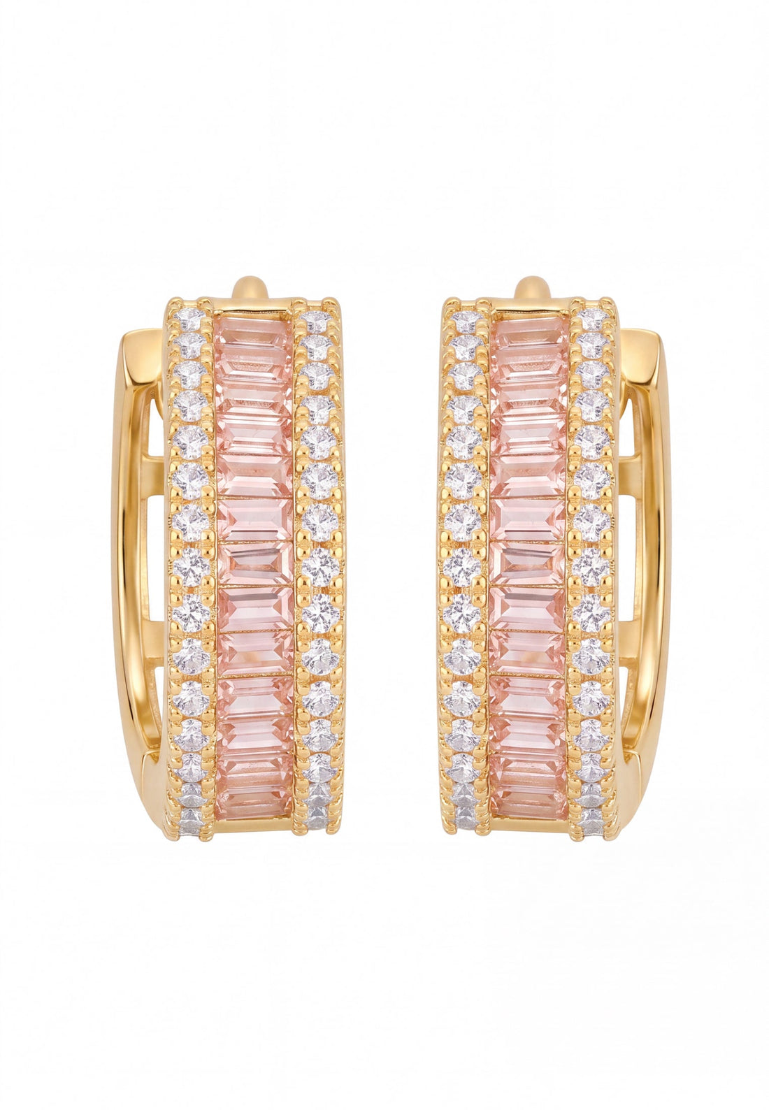 Gold huggie hoop earrings with baguette-cut pink morganite center and white stones
