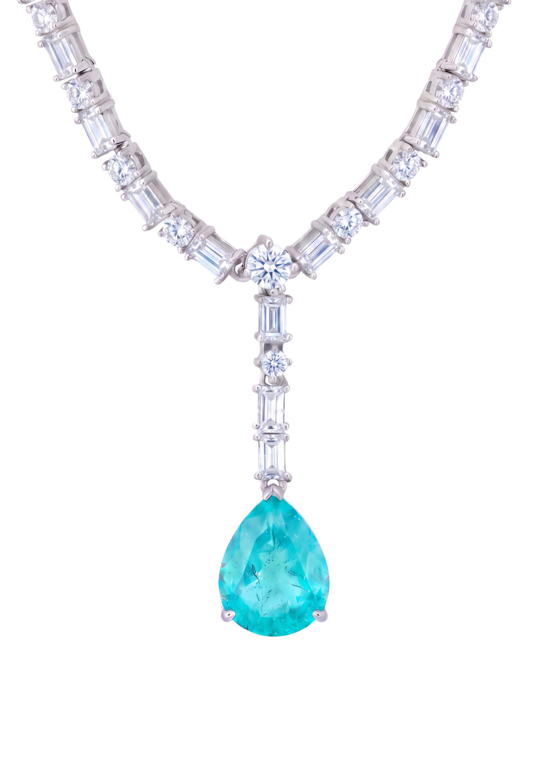 Silver statement necklace with turquoise teardrop pendant and crystal link stations