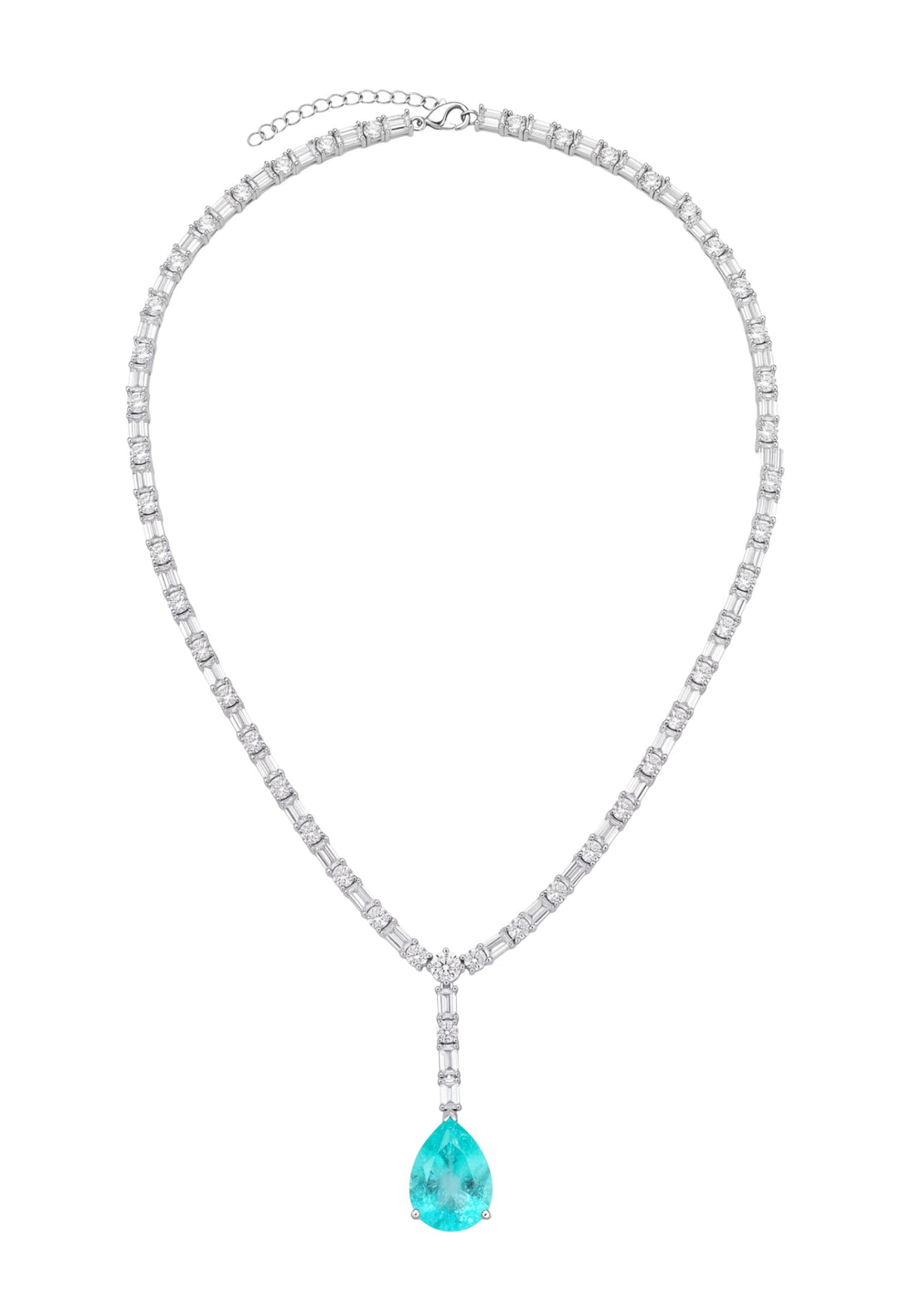 Silver rhinestone necklace with turquoise teardrop pendant
