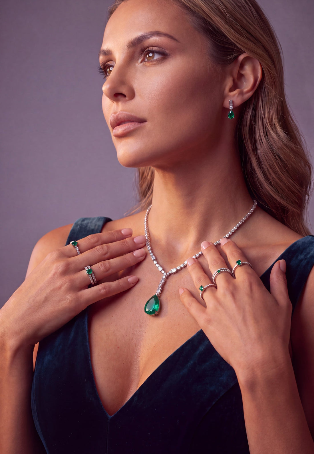 Sterling silver necklace with emerald teardrop pendant and crystal station link design