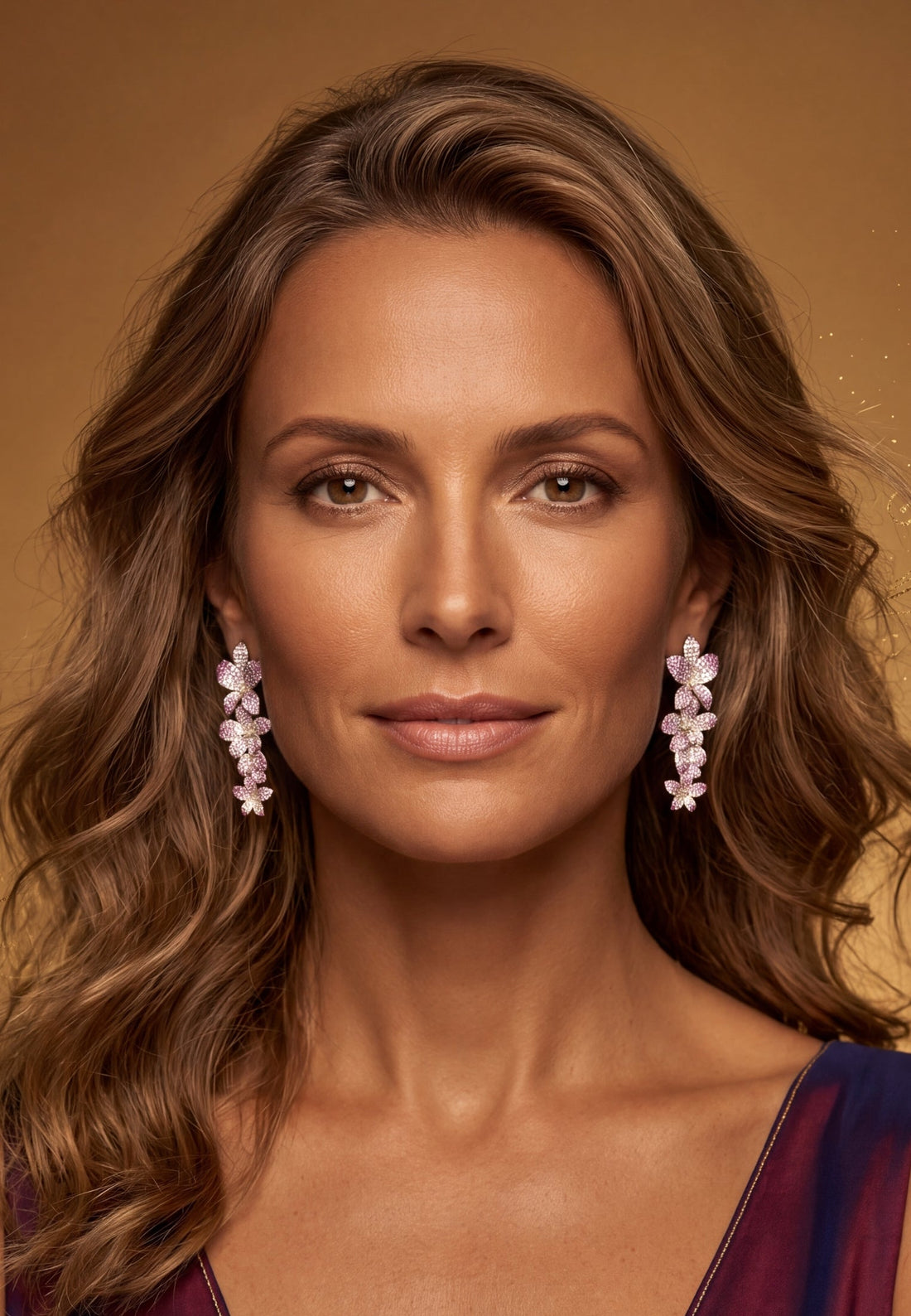 Pink and silver cherry blossom drop earrings worn on ear, dangling flower clusters