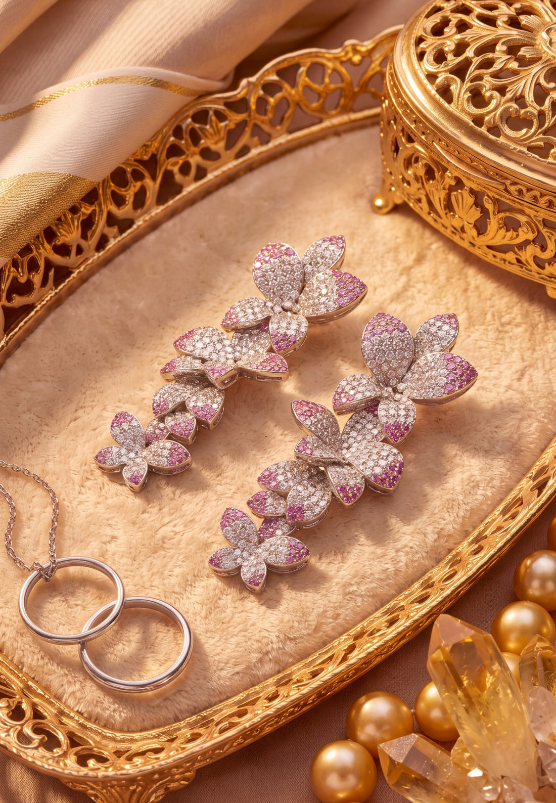 Pink and silver glitter cherry blossom drop earrings, side view