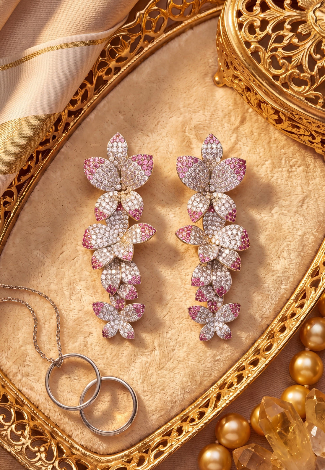 Pink and silver glitter cherry blossom drop earrings, close-up side view
