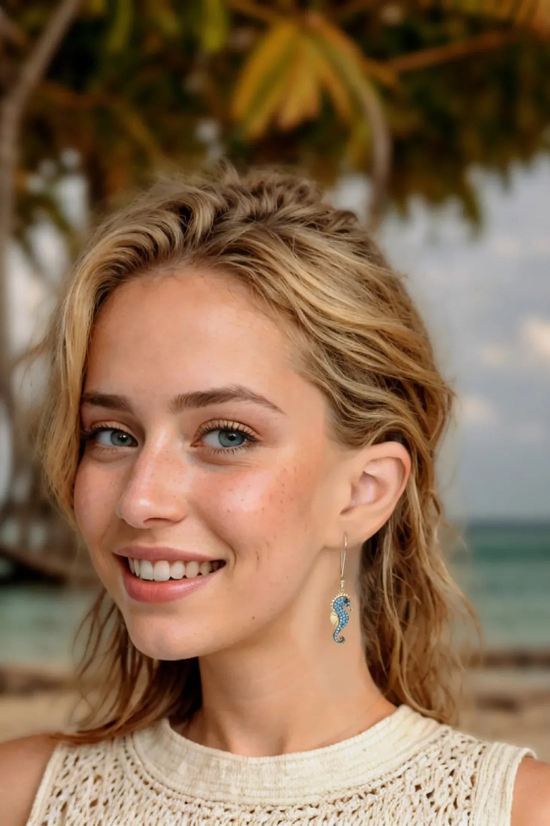 Turquoise seahorse drop earring with gold-tone hook on model, side view