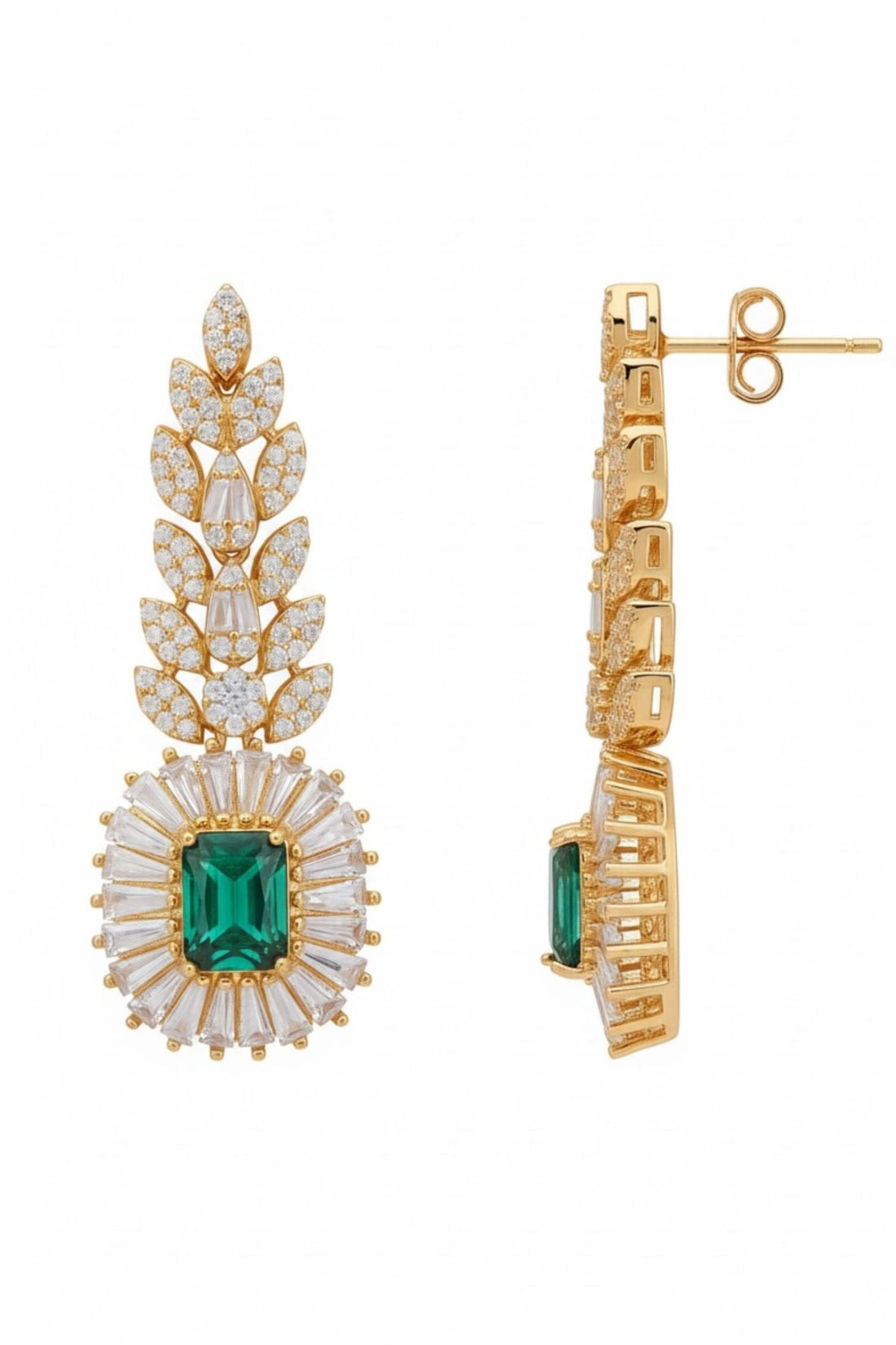 Gemstone drop earrings with emerald center, white stones, and gold leaf design