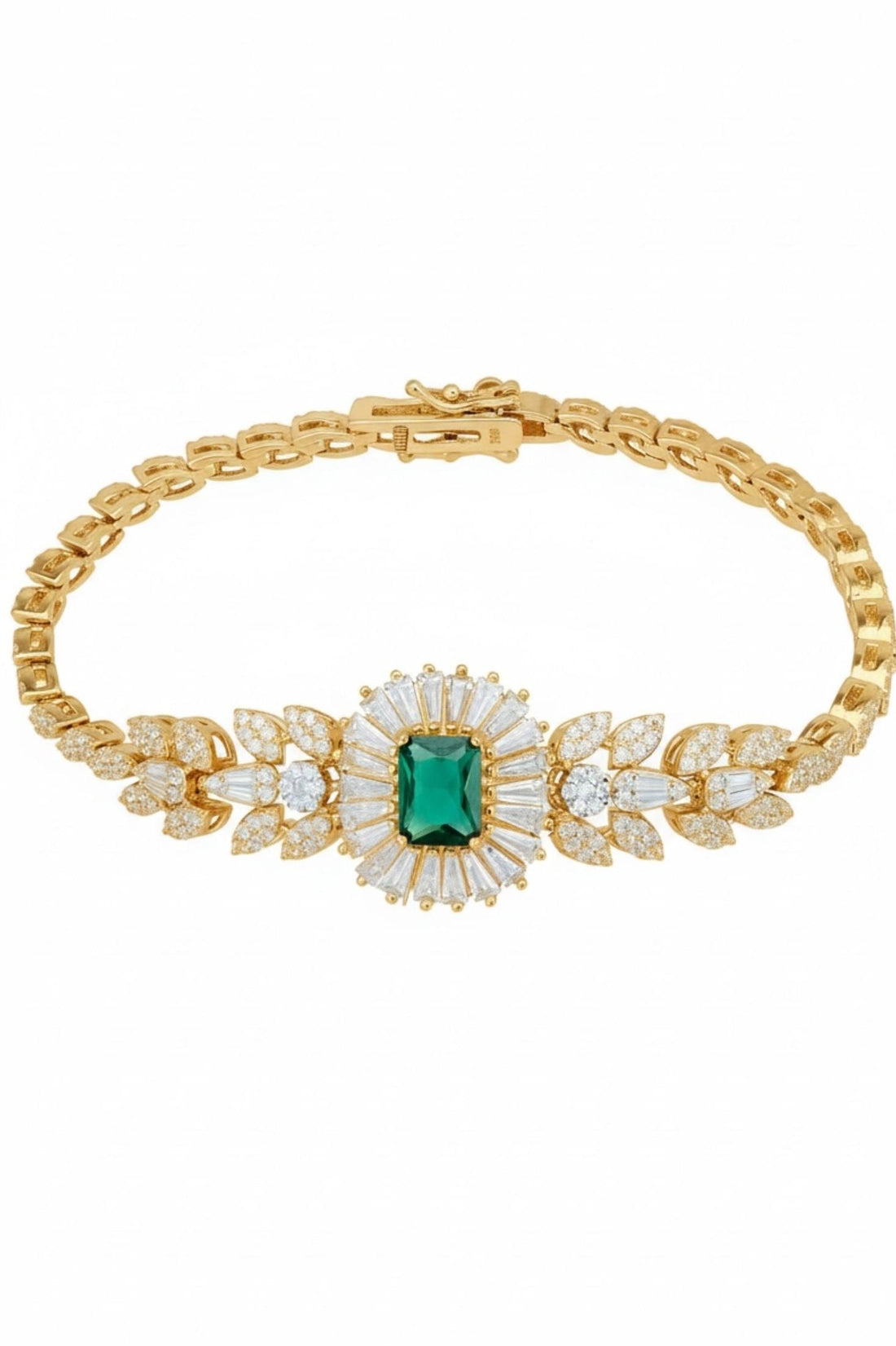 Gold bracelet with emerald center stone and pavé leaf accents