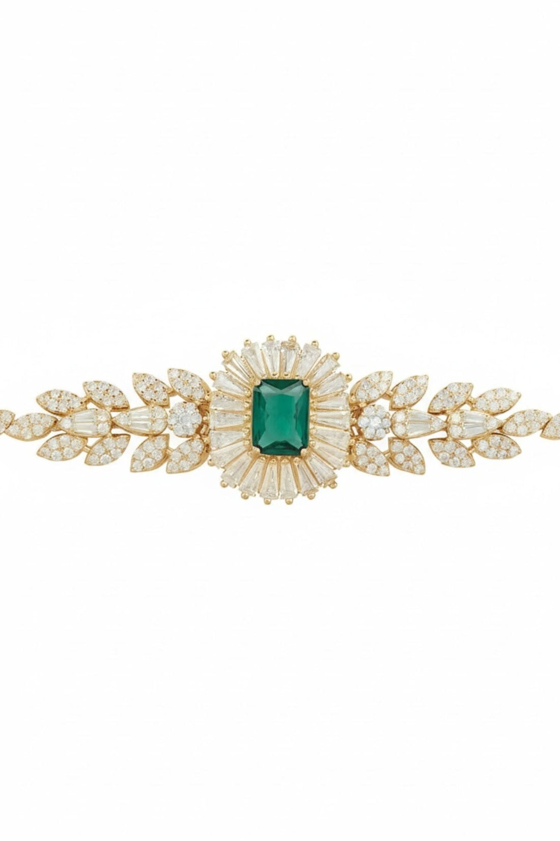 Gold-tone bracelet with emerald green square center gem and leaf crystal motifs