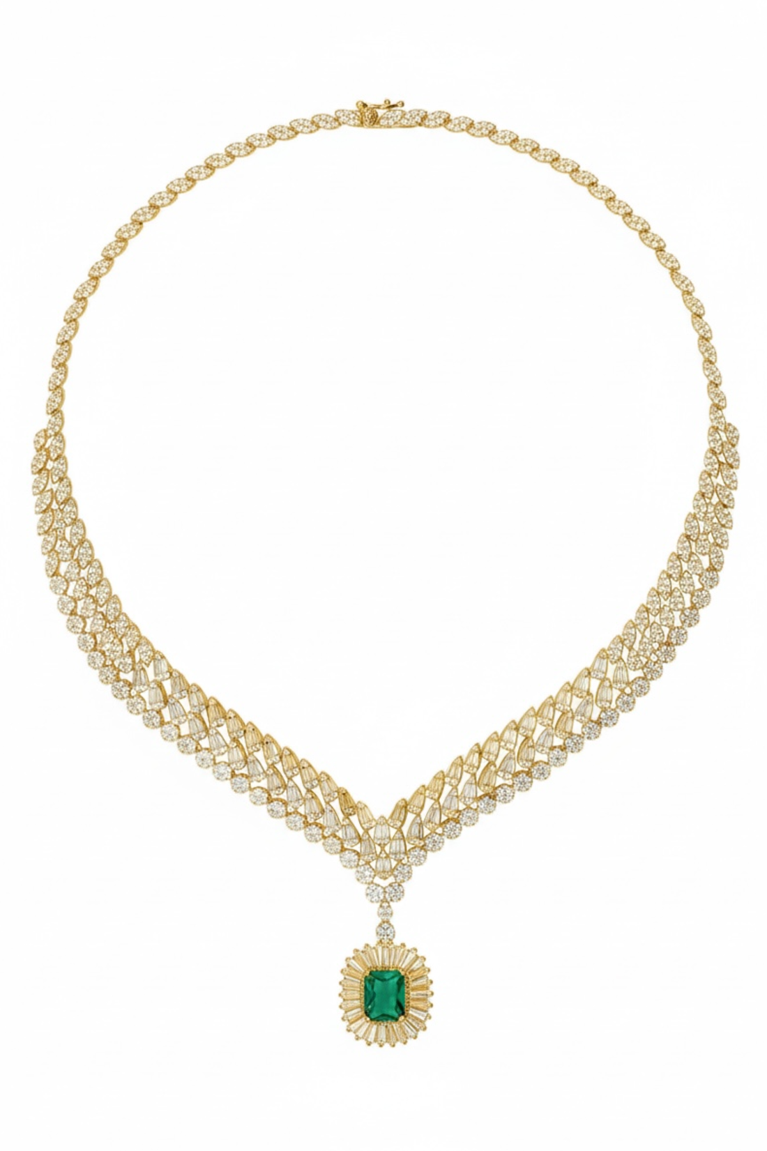 Gold-tone statement necklace with emerald drop pendant and rhinestone mesh chain