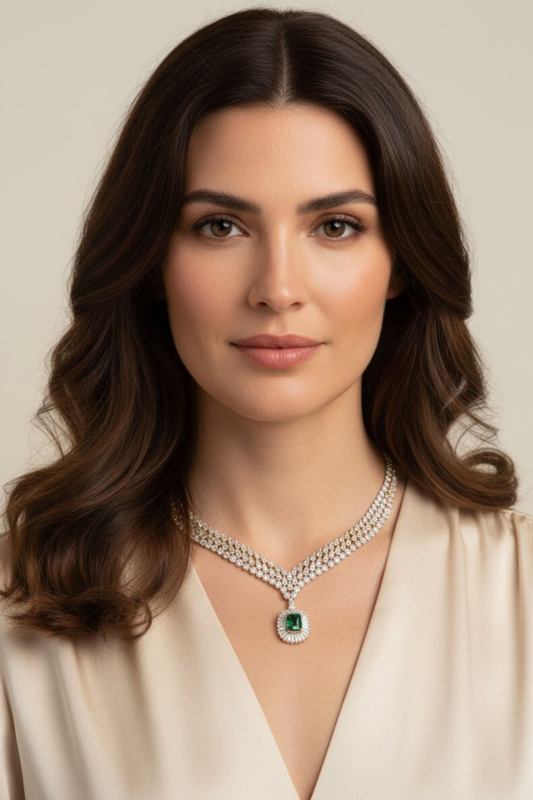 Rhinestone statement necklace with emerald center pendant