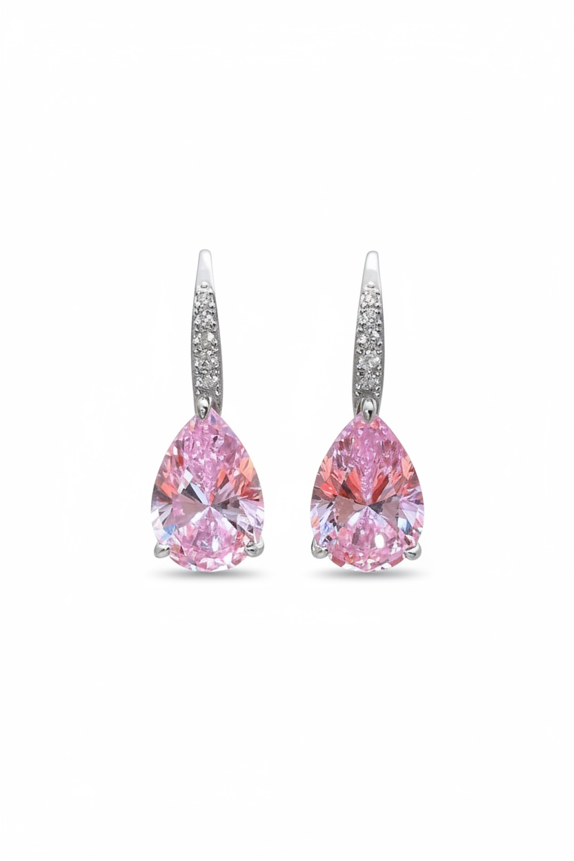 Pink teardrop earrings with pavé silver drop settings