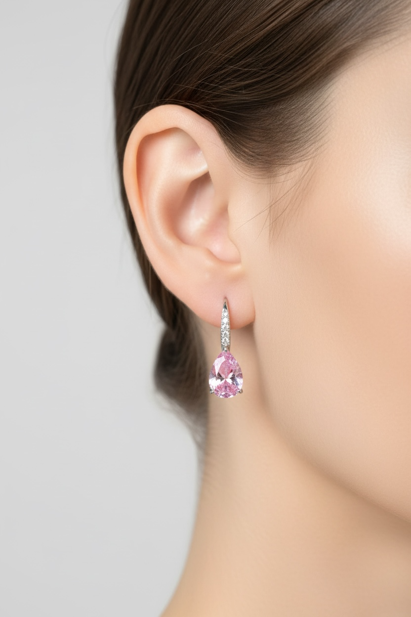 Morganite pink teardrop earrings with a pavé drop on a model&