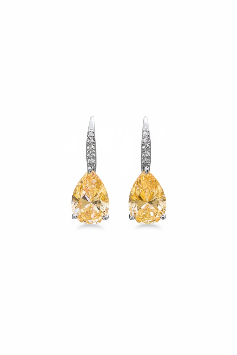 Teardrop earrings with yellow topaz stones and pavé-set silver-tone drop settings