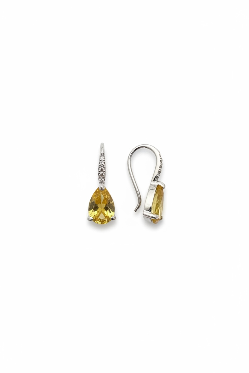 Julie teardrop earrings with yellow topaz drops, front and side views