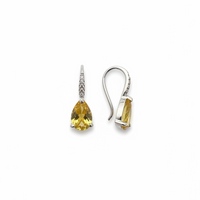 Julie teardrop earrings with yellow topaz drops, front and side views