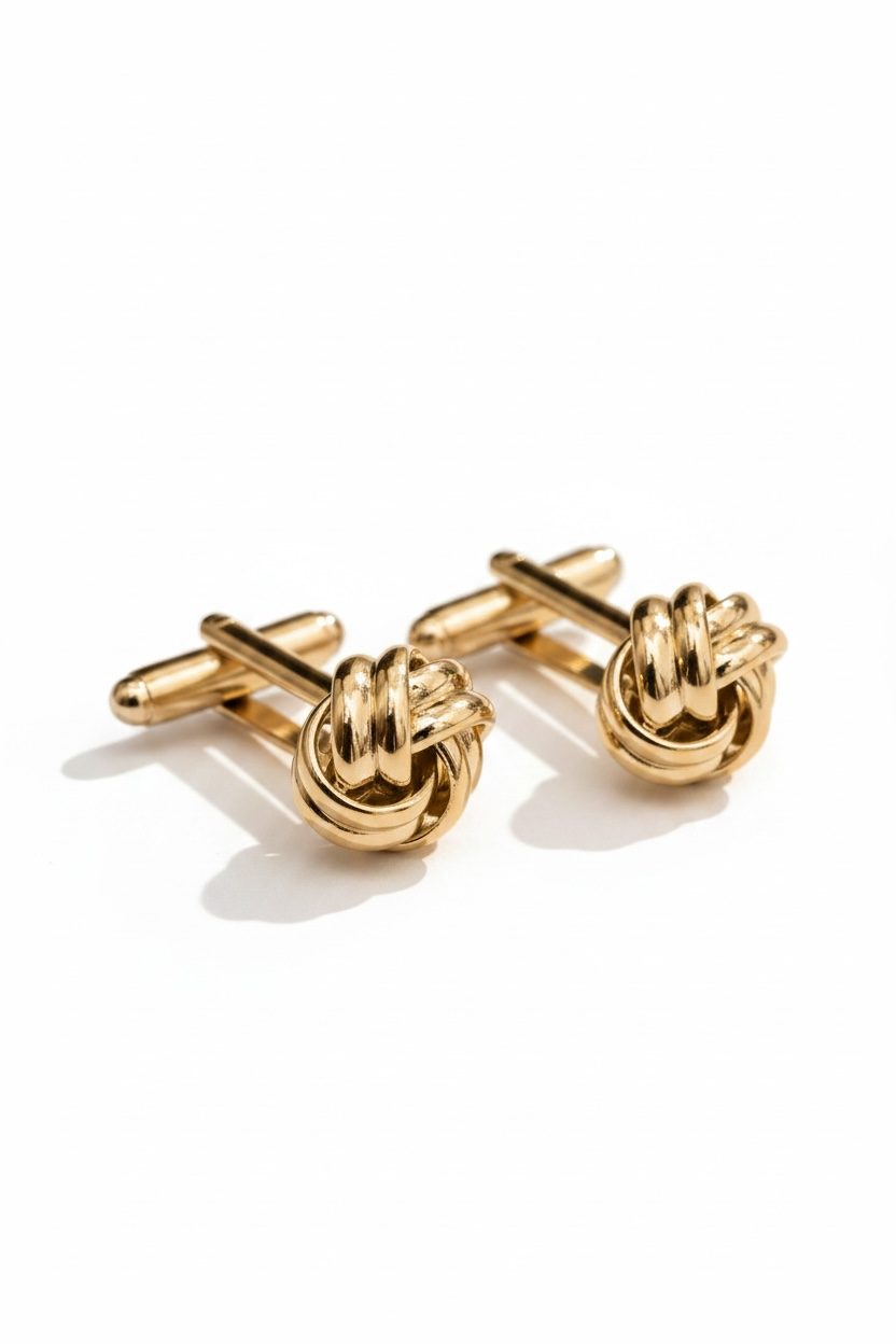 Gold-tone knot cufflinks with bar posts and round coiled knot front