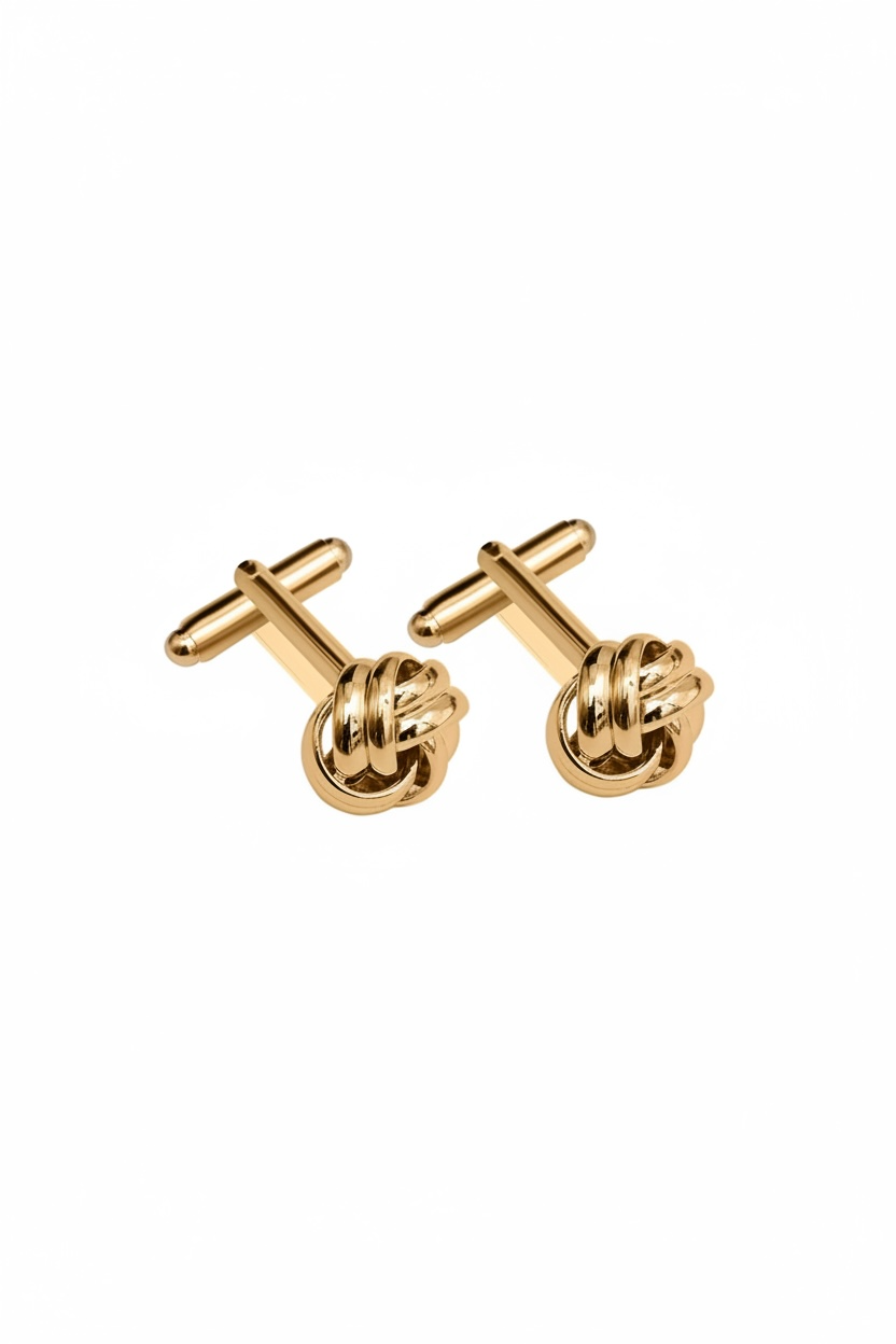 Gold-tone knot cufflinks with straight bar backs and coiled knot front