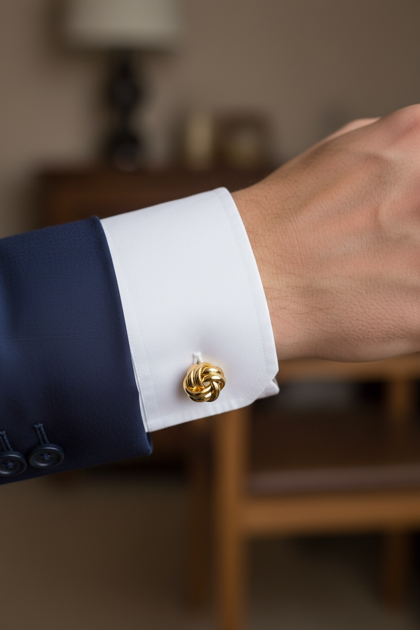 Gold-tone knot cufflink on a white shirt cuff with coiled knot clasp