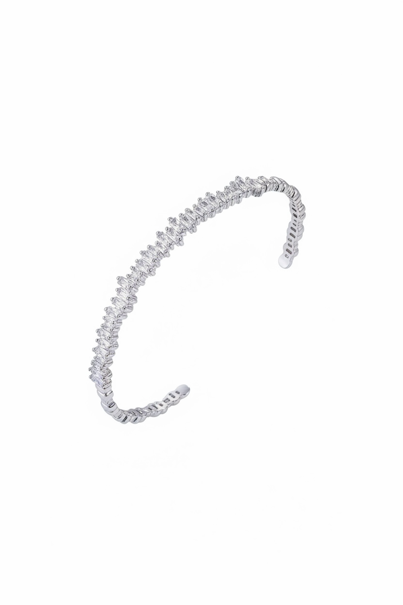 Silver baguette ice cuff bangle with row of clear stones