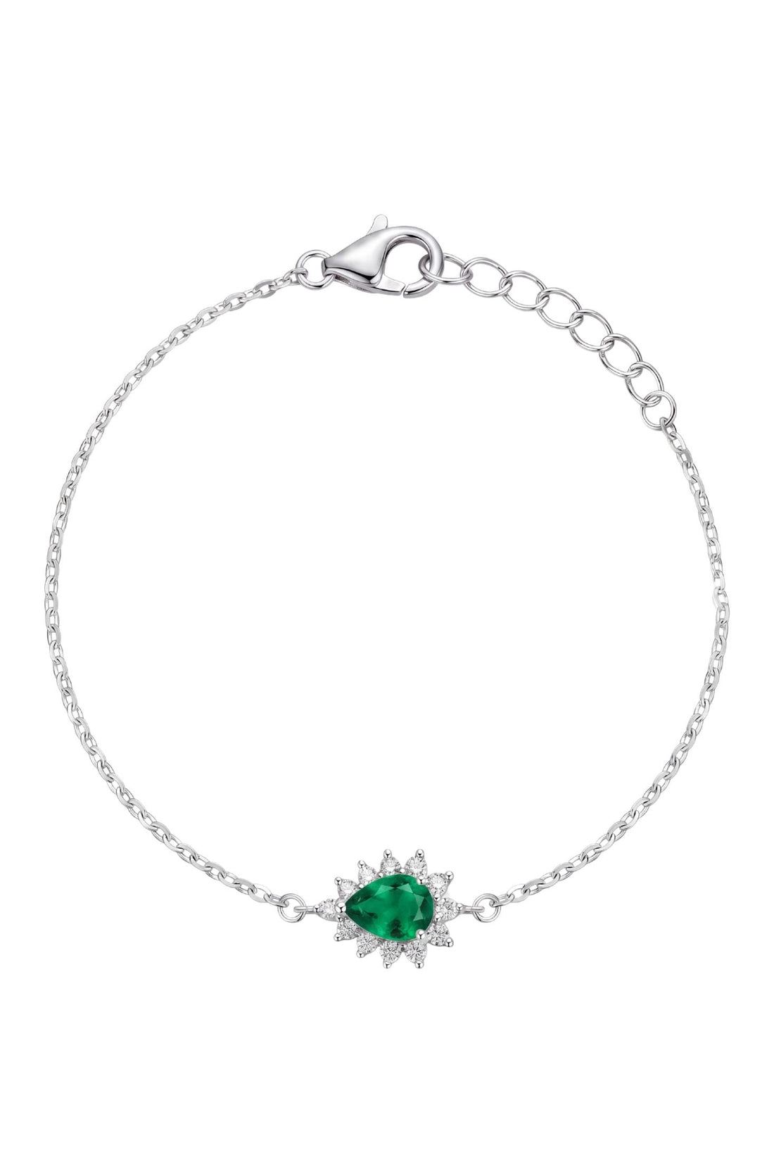 Silver bracelet with emerald-green oval center gemstone and starburst setting