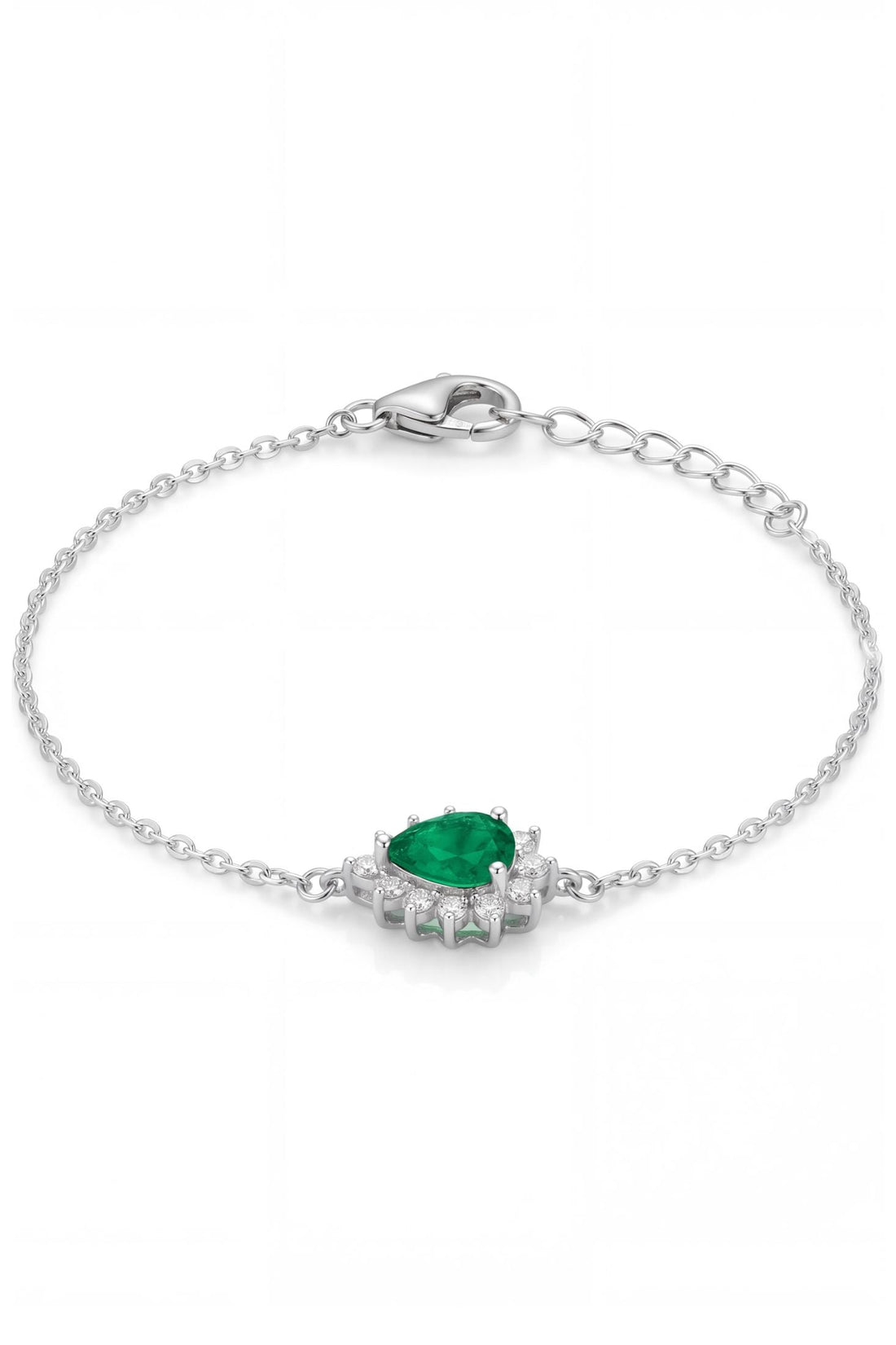 Silver bracelet with emerald-green oval gemstone and small crystal halo