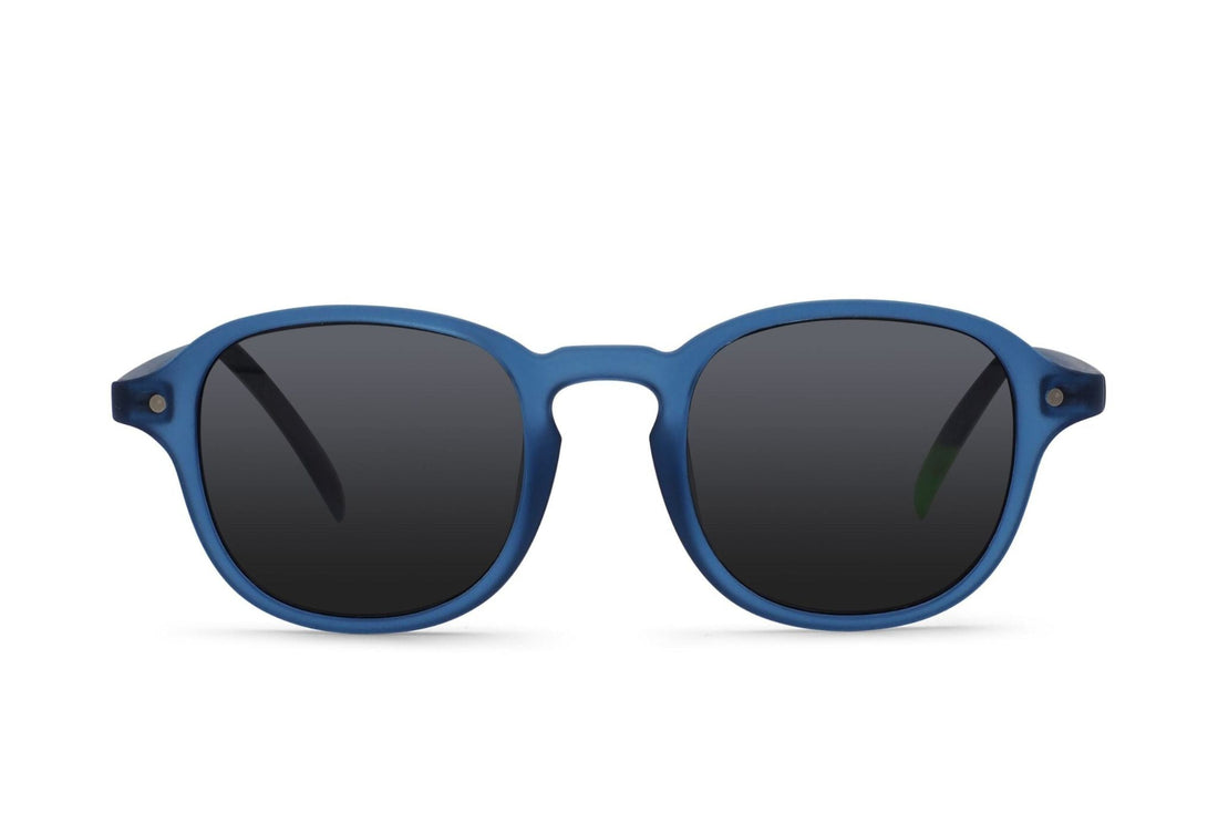 Blue round sunglasses with dark lenses and keyhole bridge