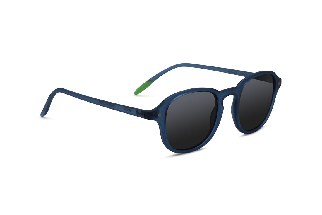 Blue sunglasses with dark lenses and slim curved arms