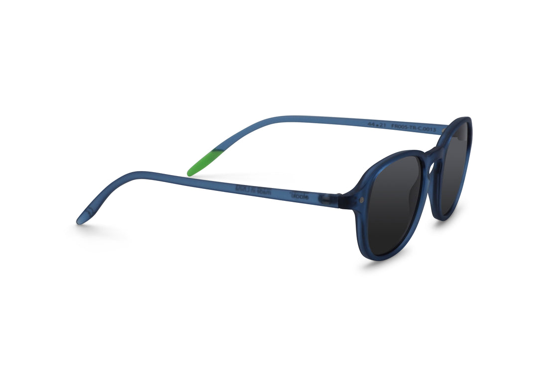 Side view of blue sunglasses with dark tinted lenses and slim arms