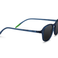 Side view of blue sunglasses with dark tinted lenses and slim arms