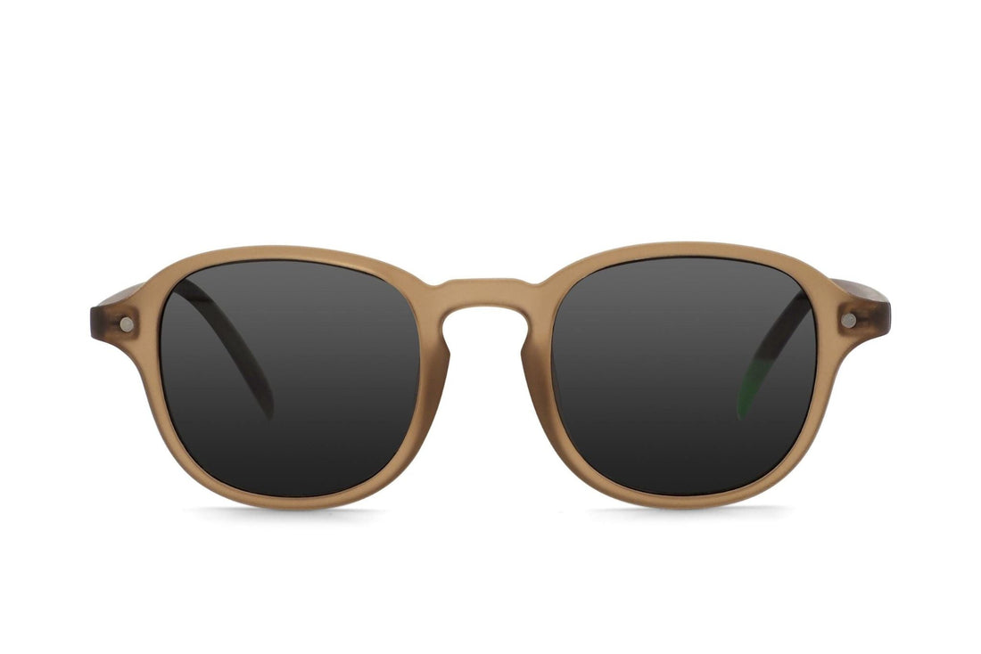 Brown round sunglasses with dark lenses and adjustable nose pads
