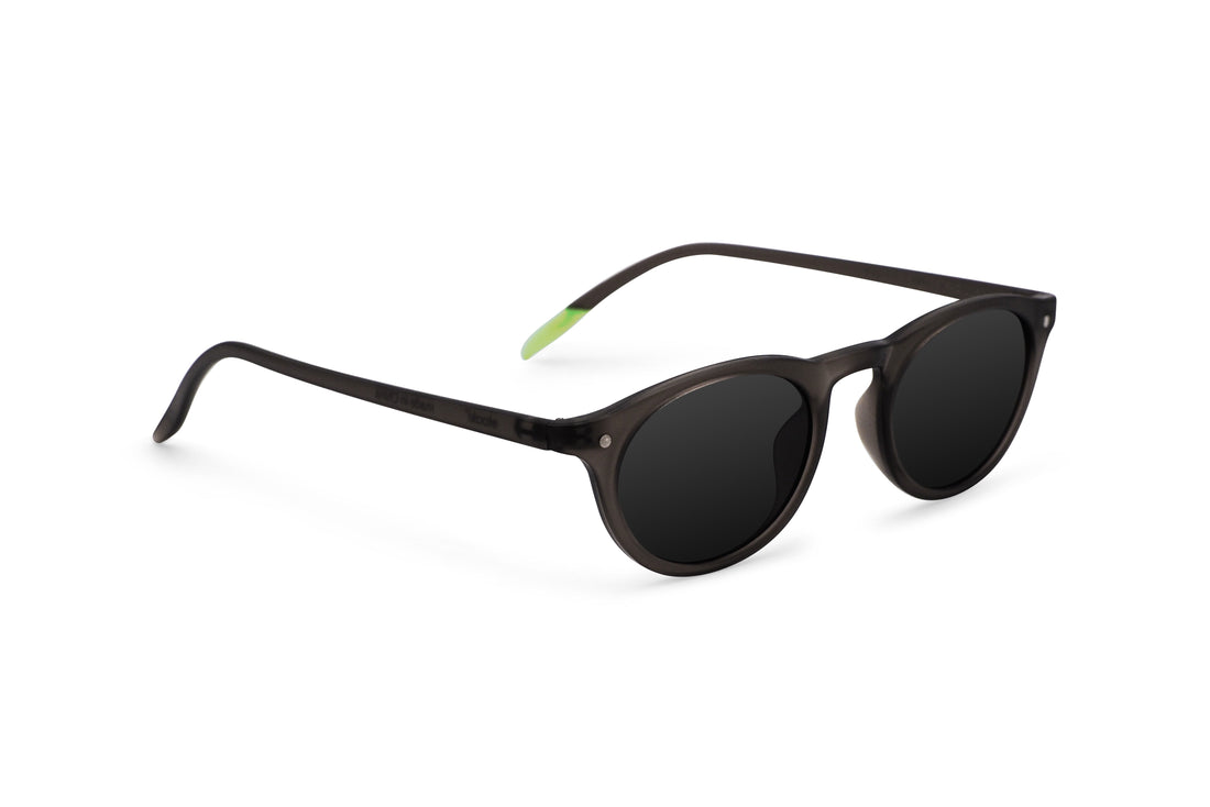 Brown sunglasses with black lenses, side view showing thin arms