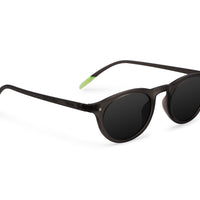 Brown sunglasses with black lenses, side view showing thin arms