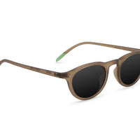 Walnut brown sunglasses with dark lenses and green temple tips
