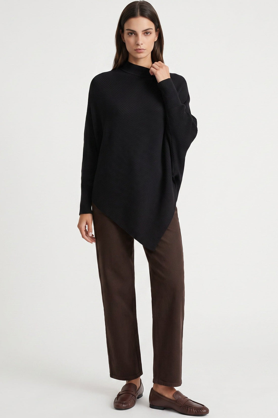 Black high-neck jumper with batwing sleeves and asymmetric hem