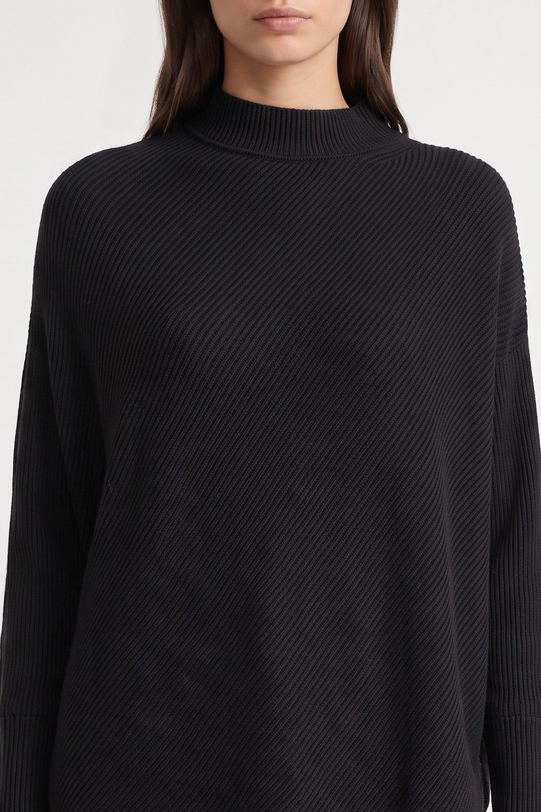 Black ribbed high-neck knit jumper with draped batwing silhouette