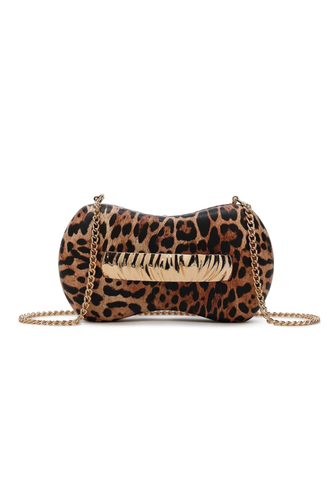 Leopard print clutch bag with waved handle, gold chain strap, metal clasp front