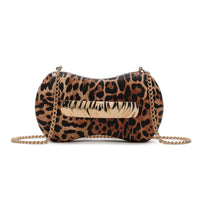 Leopard print clutch bag with waved handle, gold chain strap, metal clasp front