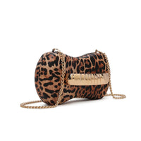Leopard print clutch bag side view with gold chain strap and metal frame clasp