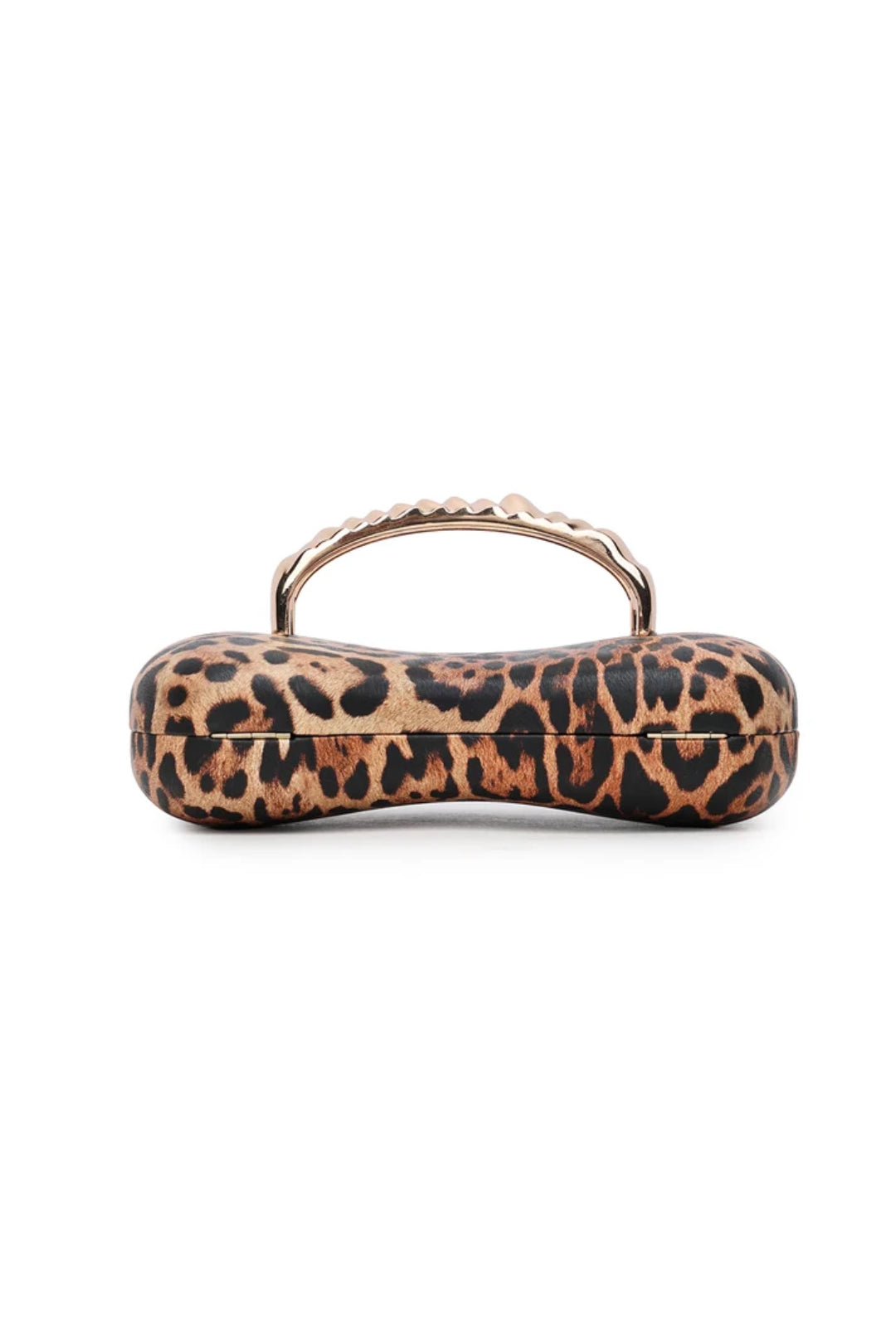 Leopard print clutch bag with curved waved handle, no chain visible