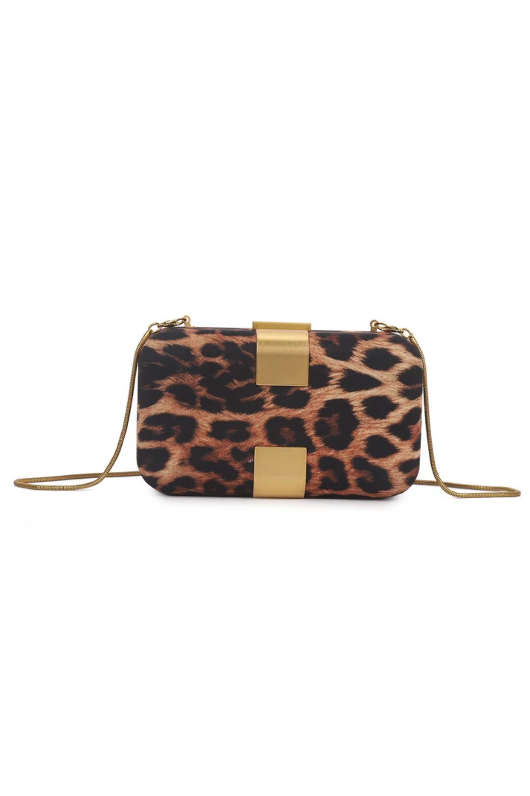 Leopard print clutch bag with gold-tone clasp and shoulder strap