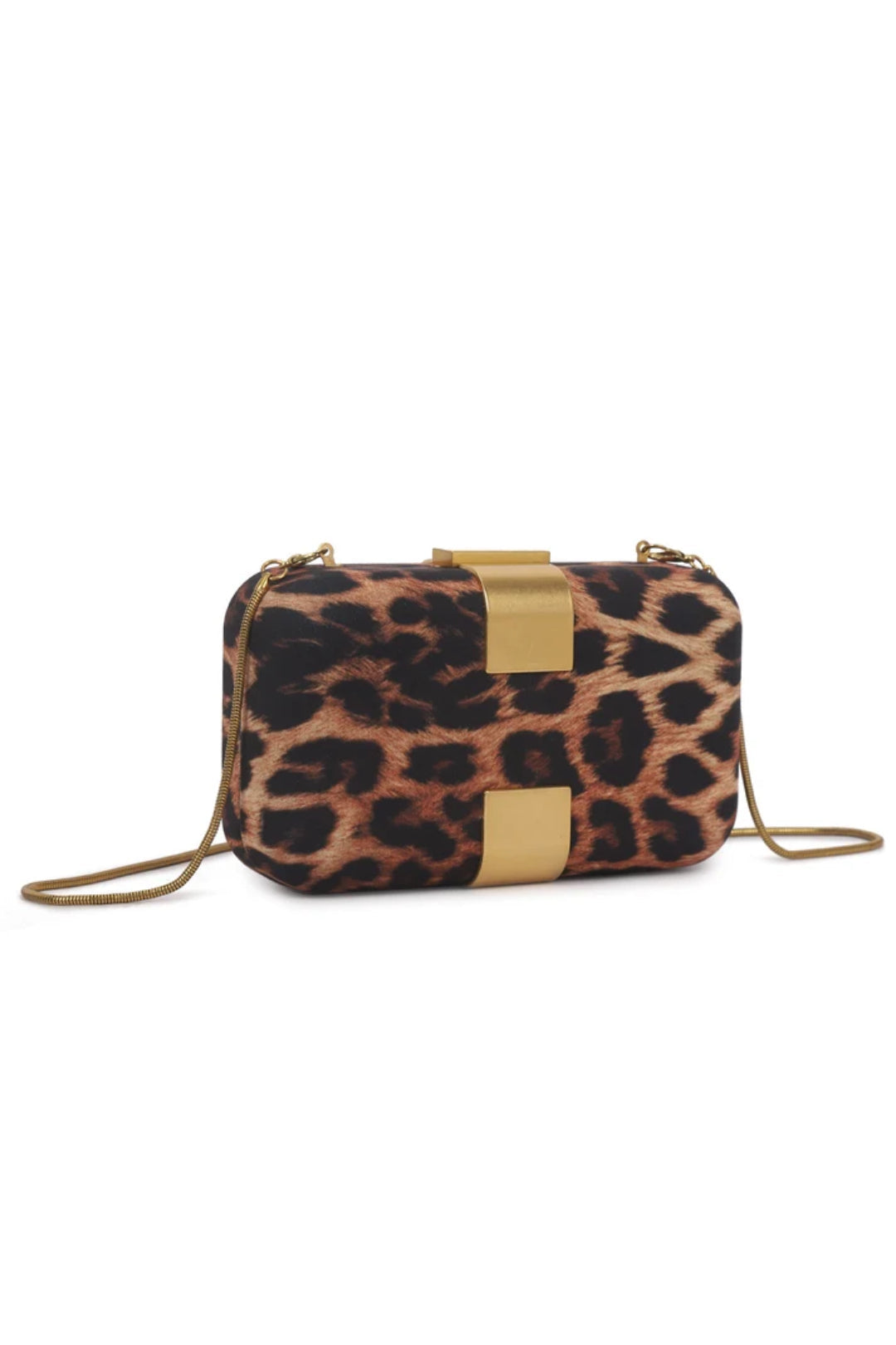 Leopard print mini clutch with gold-tone clasp and crossbody strap