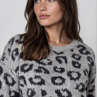 Grey leopard-print wool-blend jumper with round neck, close-up knit texture