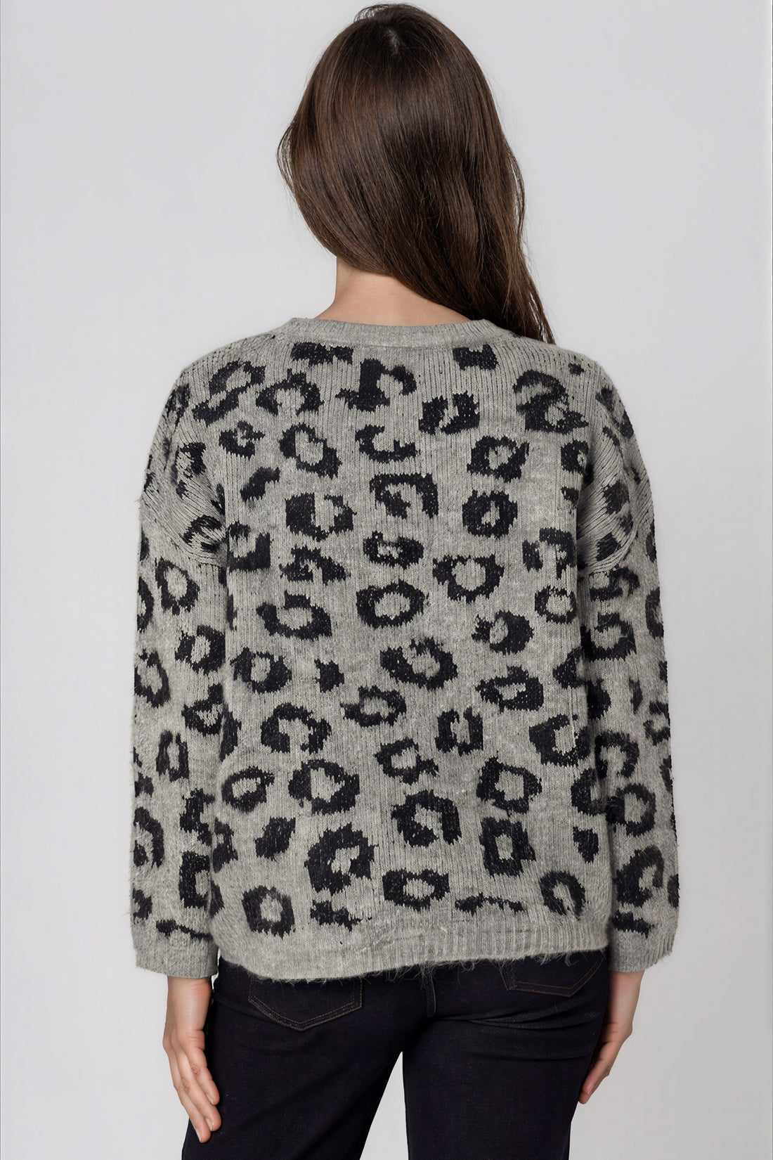 Grey leopard-print wool-blend jumper, back view, round neck and long sleeves