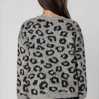 Grey leopard-print wool-blend jumper, back view, round neck and long sleeves