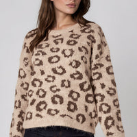 Beige spotted wool-blend jumper with round neck, long sleeves, leopard pattern