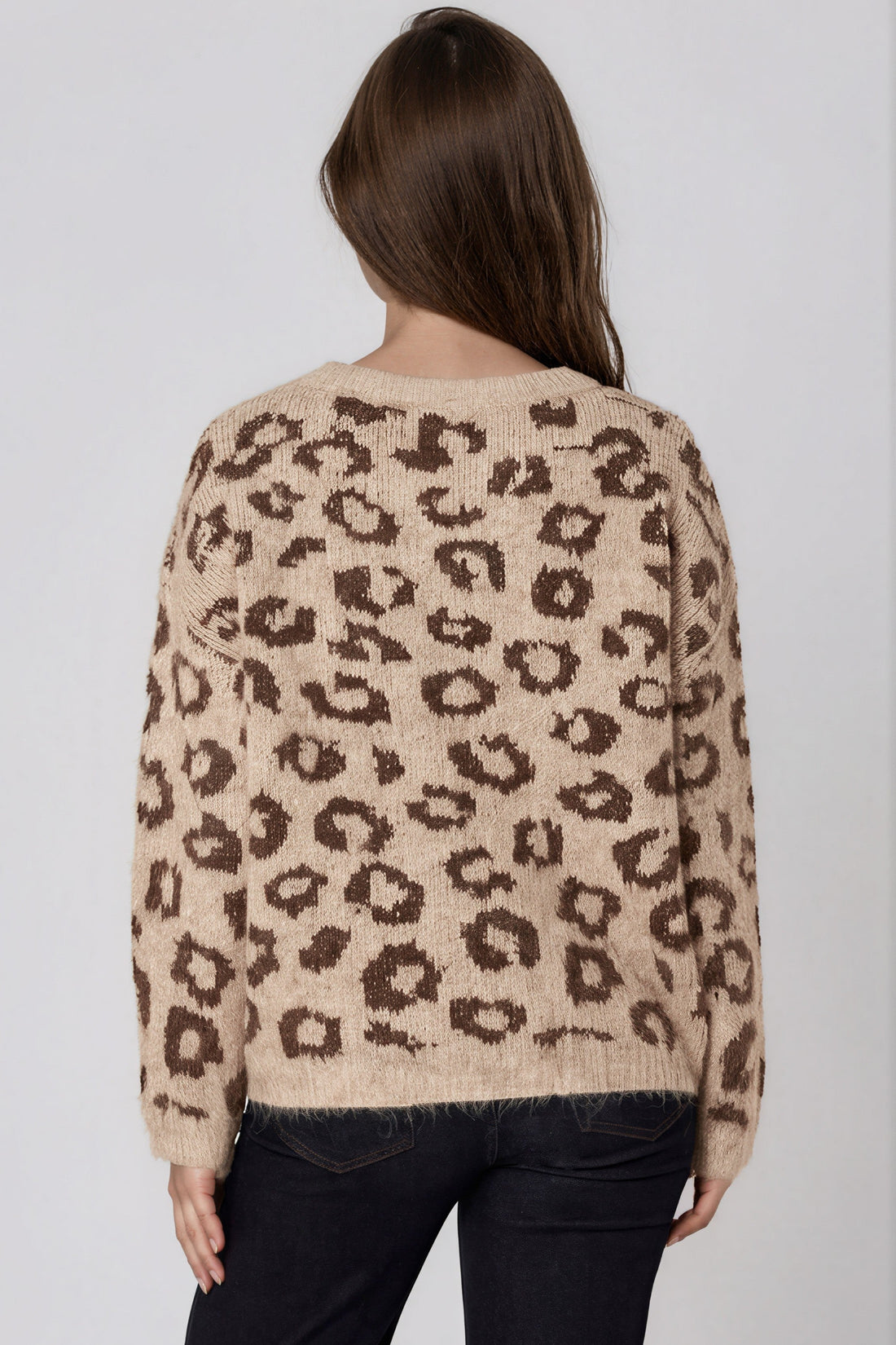 Beige leopard-pattern wool-blend jumper with round neck, long sleeves, back view