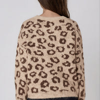 Beige leopard-pattern wool-blend jumper with round neck, long sleeves, back view