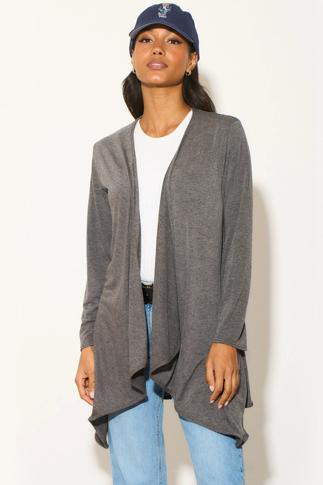 Charcoal open-front waterfall cardigan with long sleeves and draped asymmetric hem