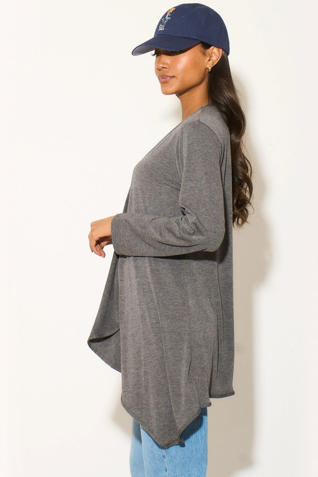 Charcoal waterfall cardigan with open front, long sleeves, and side drape