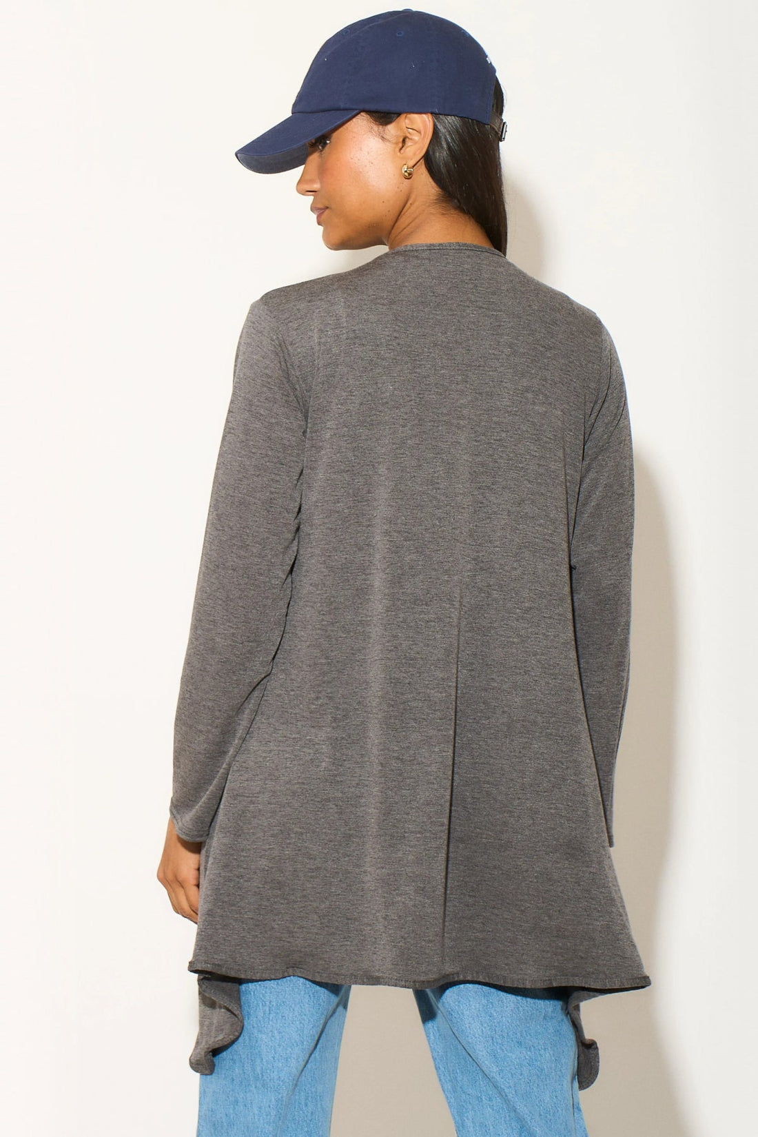Charcoal long-sleeve waterfall cardigan with open front, shown from the back